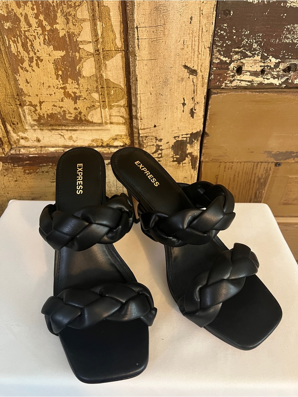 Express | Braided Double Strap Mule Heels | Black Stiletto Sandals | Size 8 NWOB